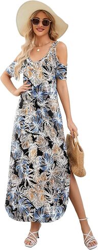 Gracyoga Maxi Dress for Women Casual Summer V Neck Cold Shoulder Short Sleeve Split Long Beach Dresses with Pockets in Saudi Arabia