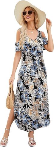 Gracyoga Maxi Dress for Women Casual Summer V Neck Cold Shoulder Short Sleeve Split Long Beach Dresses with Pockets in Saudi Arabia