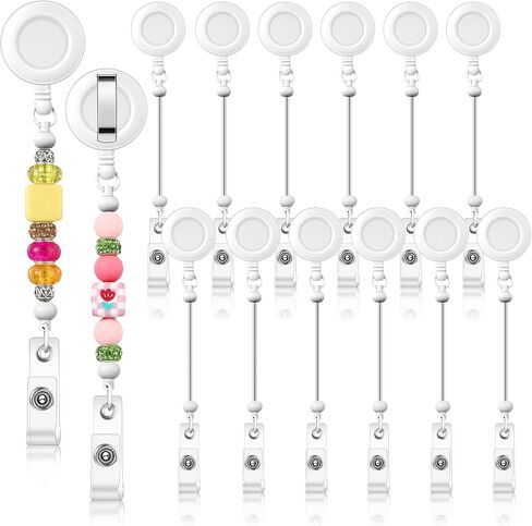12 Pcs Beadable DIY Badge Reel Kit Retractable ID Name Badge Reel Clips Holder for Beads Blank Bar with Belt Clip Jewelry DIY Gift for Nurse and Teacher Office Supplies in Saudi Arabia