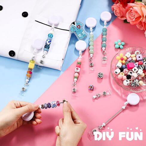 12 Pcs Beadable DIY Badge Reel Kit Retractable ID Name Badge Reel Clips Holder for Beads Blank Bar with Belt Clip Jewelry DIY Gift for Nurse and Teacher Office Supplies in Saudi Arabia