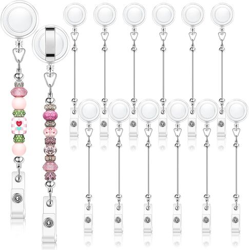 12 Pcs Beadable DIY Badge Reel Kit Retractable ID Name Badge Reel Clips Holder for Beads Blank Bar with Belt Clip Jewelry DIY Gift for Nurse and Teacher Office Supplies in Saudi Arabia