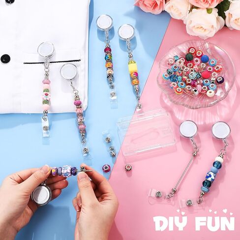 12 Pcs Beadable DIY Badge Reel Kit Retractable ID Name Badge Reel Clips Holder for Beads Blank Bar with Belt Clip Jewelry DIY Gift for Nurse and Teacher Office Supplies in Saudi Arabia
