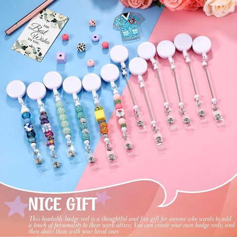 12 Pcs Beadable DIY Badge Reel Kit Retractable ID Name Badge Reel Clips Holder for Beads Blank Bar with Belt Clip Jewelry DIY Gift for Nurse and Teacher Office Supplies in Saudi Arabia