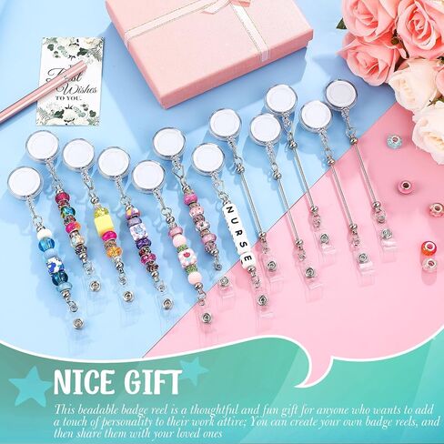 12 Pcs Beadable DIY Badge Reel Kit Retractable ID Name Badge Reel Clips Holder for Beads Blank Bar with Belt Clip Jewelry DIY Gift for Nurse and Teacher Office Supplies in Saudi Arabia