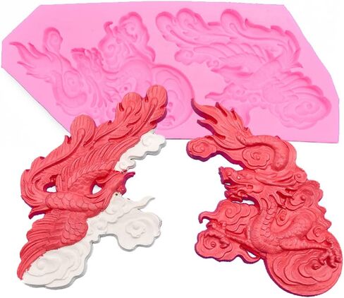 Chinese Zodiac Dragon and Phoenix Silicone Molds for DIY Cake Fondant Biscuit Cookies Soap Sugar Pudding Chocolate Hard Candies Dessert Candle Decor (A) in Kuwait
