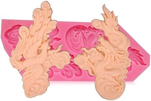 Chinese Zodiac Dragon and Phoenix Silicone Molds for DIY Cake Fondant Biscuit Cookies Soap Sugar Pudding Chocolate Hard Candies Dessert Candle Decor (A) in Kuwait