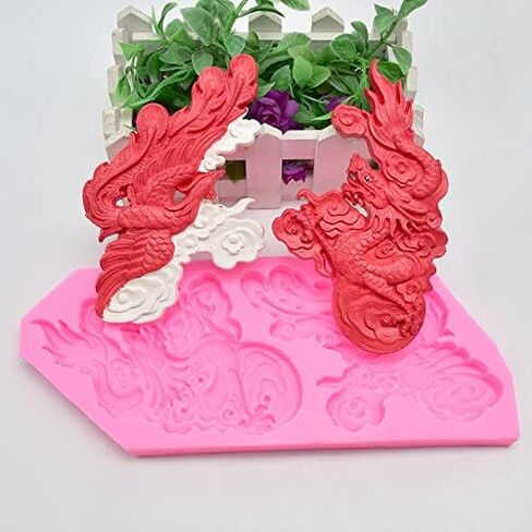 Chinese Zodiac Dragon and Phoenix Silicone Molds for DIY Cake Fondant Biscuit Cookies Soap Sugar Pudding Chocolate Hard Candies Dessert Candle Decor (A) in Kuwait
