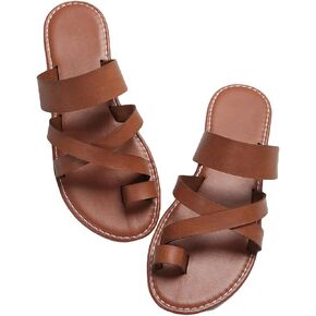 GORGLITTER Women's Cross Strappy Leather Flats Sandal Cute Dressy Toe Ring Open Toe Slip on Slide Sandals