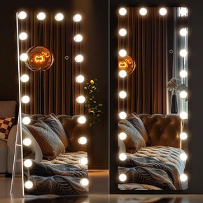 OUYOBO Full Length Mirror with Lights, 63" x 20" Led Standing Mirror, Hollywood Full Body Mirrors with Bulbs, Wall Mounted, 3 Colors Temperature