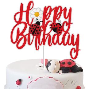 Ladybug Happy Birthday Cake Topper Red Glitter Daisy Spring Ladybug Birthday Cake Decor Garden Bugs Little Ladybug Themed Birthday Party Supplies for Girls