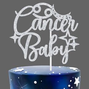 Cancer Baby Birthday Cake Topper - 12 Zodiac Cancer Season/Welcome Baby, Horoscope, Astrology Birthday/Baby Shower Party Decorations Supplies, Silver Glitter