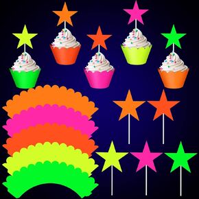 Glow Party Neon Party Supplies Neon Cupcake Toppers Neon Star Shape Cake and Cupcake Wrappers for Glow Neon Birthday Party Wedding Decoration Black Light Reactive Party Halloween (40 Pieces)