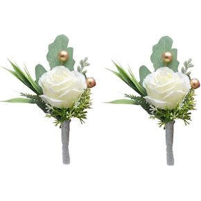 2pcs Boutonniere for Men Wedding, Groom Groomsman Artificial White Rose Flowers with pins for Wedding Anniversary Celebration,Prom,Party,Home Decoration.