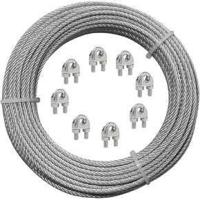 Stainless Steel Wire Cable with 8 Wire Clips, Heavy Duty Security Cable Rope for Sun Shade Sail Hardware 3/16 Inch x 25 FT