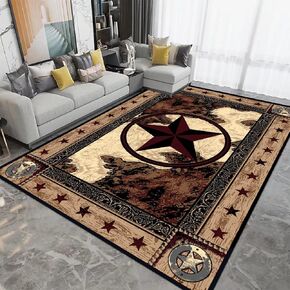 Brown Rustic Western Texas Star Modern Area Rug Primitive Carpet Farmhouse Rug Cowhide Runner Rug Non-Slipping Doormat for Hallway Kitchen Living Room Bedroom Laundry Room Entryway 5' x 7'