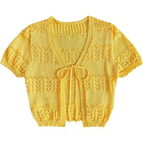 SweatyRocks Women's Cute Tie Front Short Sleeve Cardigan V Neck Cropped Summer Outwear