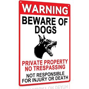 ALKB Beware of Dog Sign, Warning Metal Sign for Fence Outdoor Use, Private Property No Trespassing, Aluminum-UV Protected 8x12 Inches