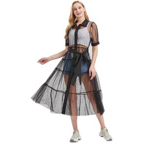 Women Sheer Mesh Button Down Shirt Dress with Waist Belt Summer Beach See Through Bikini Cover Up Swimwear