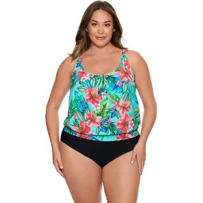 Penbrooke Women's Plus Size Swimwear Taste of Tropic Shirred Neck Blouson Underwire Bra Tankini Top, Aqua, 18W
