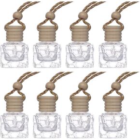 8 Pcs 10ml Hanging Essential Oil Diffuser,Empty Clear Glass Square Car Air Freshener Perfume Aromatherapy Pendant Bottle Vials With Wooden Caps & Hanging String-FREE 1 Funnel&Dropper
