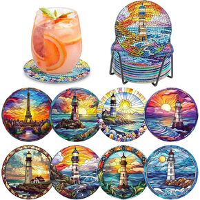 8Pcs Diamond Art Coasters with Holder, 5D Lighthouse Diamond Art Coasters Kits for Adults Beginners, DIY Round Diamond Painting Coaster Landscape Painting Craft for Home Decor in Kuwait