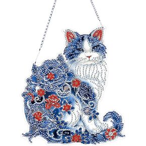 Nivvey DIY Diamond Art Hanging Pendant Cat, DIY Special Crystal Gem Painting Craft Ornament Kit Animal, Box Package(6.6x7.7inch)