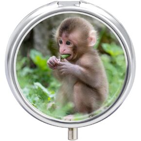 Small Travel Pill Case, Round Metal Pill Box for Pocket Purse, 3 Compartment Portable Pill Holder, Mini Pill Organizer for Travel or Daily - Monkey