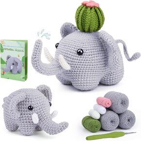 WONVOC Crochet Starter Kit, Beginner Crochet Kit for Adults, Step-by-Step Instructions Video Tutorial, Crochet Kit for Beginners, Knitting & Crochet Supplies, for Learning and Making Cute Elephant