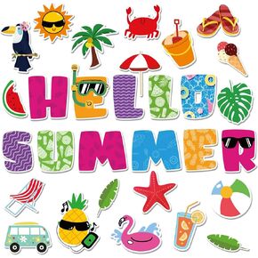 68 Pcs Hello Summer Cutouts Classroom Bulletin Board Decorations, Hawaiian Beach Ice Cream Watermelon Pool Party Cutouts for Back to School Classroom Wall Party Supplies, Summer Decorations