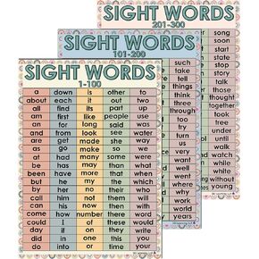 Boho Sight Words Charts 1-300 Alphabetized - Laminated 14x19.5" - Educational Posters, Classroom Decoration, Back to School Supplies, Learning Posters for Preschool, Kindergarten, 1st 2nd 3rd Grades