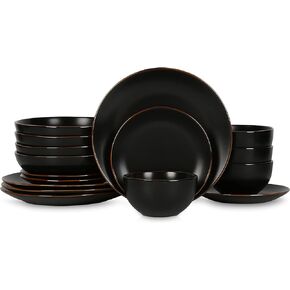 Stone Lain Brasa Modern Stoneware 16 Piece Dinnerware Sets, Plates and bowls Sets, Dish Set for 4, Black
