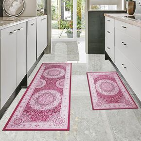 Boho Kitchen Mat Se of 2,Kitchen Floor Cushioned Comfort Standing Rugs,Non Slip Washable Kitchen Mats Set for Kitchen Floor Bathroom Sink,Size 17"x 47"+17"x 30"（Pink）