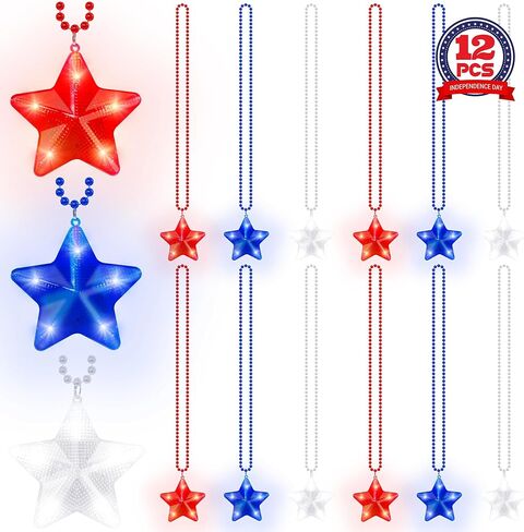 4th of July Accessories, 3PCS Star Light up Necklace Independence Day Beads, Red White Blue Patriotic Fourth of July Necklace Party Favor, Glow Star Accessories for Memorial Veterans Day Parades in Kuwait