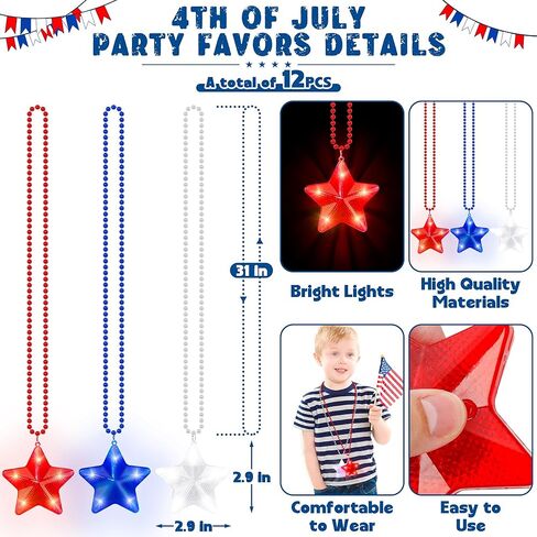 4th of July Accessories, 3PCS Star Light up Necklace Independence Day Beads, Red White Blue Patriotic Fourth of July Necklace Party Favor, Glow Star Accessories for Memorial Veterans Day Parades in Kuwait