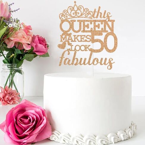 هذه الملكة تصنع 50 مظهرًا رائعًا للكيك، زينة كعكة عيد ميلاد سعيد 50، للسيدات بعمر 50 عامًا لوازم حفلات أعياد الميلاد ديكورات بريق ذهبي وردي in Kuwait