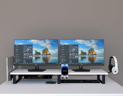 Dual Monitor Riser Stand With Phone,Head Phone Holder,Laptop Dock And Book Shelf (44 (Width) X 8 (Depth) X 5 (Height) Inches ) Large Glossy White in Saudi Arabia