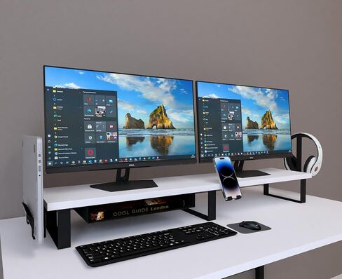 Dual Monitor Riser Stand With Phone,Head Phone Holder,Laptop Dock And Book Shelf (44 (Width) X 8 (Depth) X 5 (Height) Inches ) Large Glossy White in Saudi Arabia