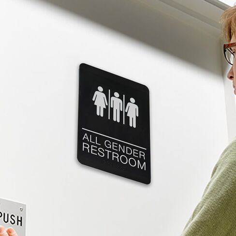 All Gender Braille Restroom Sign Black | Comes With Double Sided 3M Tape to Secure Perfectly in Less Than a Minute | Unique Design and Highly Visible - Dimensions 9 x 6 Inch in Saudi Arabia