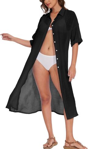 فستان سباحة نسائي بغطاء للقميص بأزرار سفلية، فستان طويل للشاطئ بأكمام قصيرة، كيمونو in Kuwait