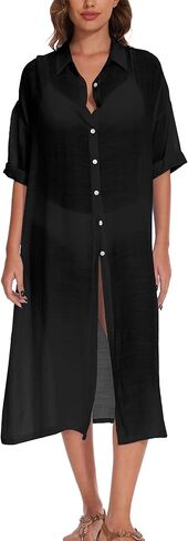 فستان سباحة نسائي بغطاء للقميص بأزرار سفلية، فستان طويل للشاطئ بأكمام قصيرة، كيمونو in Kuwait