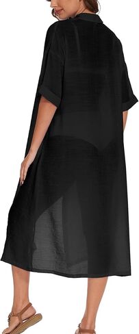 فستان سباحة نسائي بغطاء للقميص بأزرار سفلية، فستان طويل للشاطئ بأكمام قصيرة، كيمونو in Kuwait