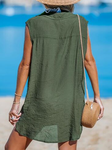 CUPSHE Women's Sleeveless Swimsuit Cover Up Collared V Neck Bathing Suit Basic Beach Dress in Saudi Arabia