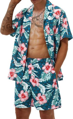 Men's Hawaiian Matching Set Summer Beach Outfits 2 Piece Flower Tropical Short Sleeve Cuban Shirts and Shorts Suits in Saudi Arabia