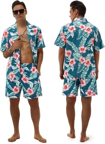 Men's Hawaiian Matching Set Summer Beach Outfits 2 Piece Flower Tropical Short Sleeve Cuban Shirts and Shorts Suits in Saudi Arabia