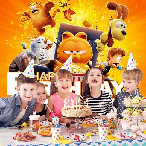 Garfied Birthday Decorations Banner Backdrop Cute Cat Theme Birthday Party Supplies 5x3 Ft Happy Birthday Party Decorations Tangerine Yellow Birthday Party Photography Backdrop in Saudi Arabia