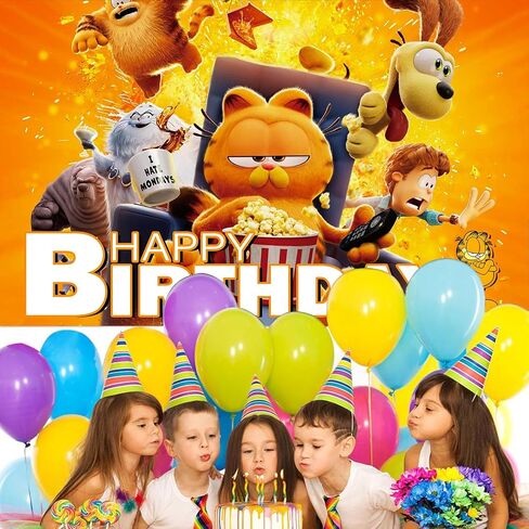 Garfied Birthday Decorations Banner Backdrop Cute Cat Theme Birthday Party Supplies 5x3 Ft Happy Birthday Party Decorations Tangerine Yellow Birthday Party Photography Backdrop in Saudi Arabia