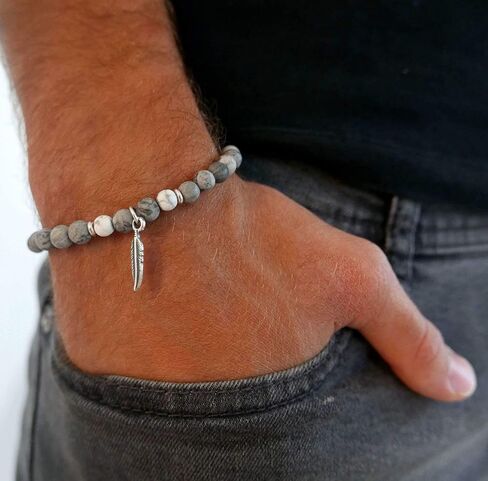 Galis Beaded Bracelets for Men - Gemstone Bracelet with Picasso Jasper Beads & Feather Pendant Makes It a Great Gift for Him, Our Bead Bracelets Made of High Quality Gemstones on Stretching Cord 7"-8" in Saudi Arabia