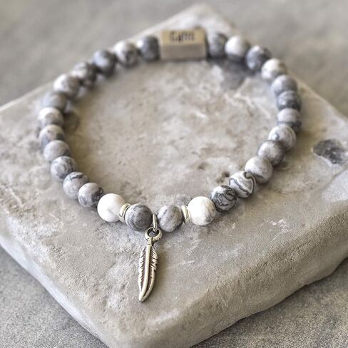 Galis Beaded Bracelets for Men - Gemstone Bracelet with Picasso Jasper Beads & Feather Pendant Makes It a Great Gift for Him, Our Bead Bracelets Made of High Quality Gemstones on Stretching Cord 7"-8" in Saudi Arabia