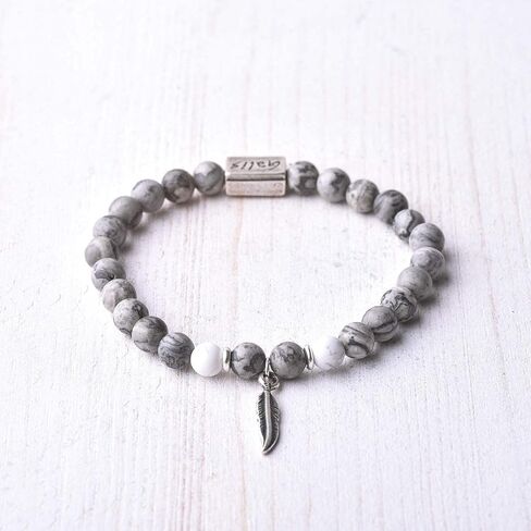 Galis Beaded Bracelets for Men - Gemstone Bracelet with Picasso Jasper Beads & Feather Pendant Makes It a Great Gift for Him, Our Bead Bracelets Made of High Quality Gemstones on Stretching Cord 7"-8" in Saudi Arabia