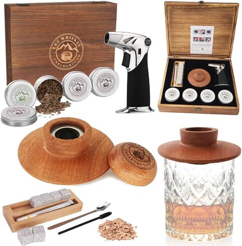 Bourbon, Whiskey Smoker Kit - Cocktail Smoking Kit with Butane Torch, Smoke Top, Whiskey Stones - Apple, Cherry, Oak, Walnut Wood Chips - Premium Wooden Box. No Butane in Saudi Arabia
